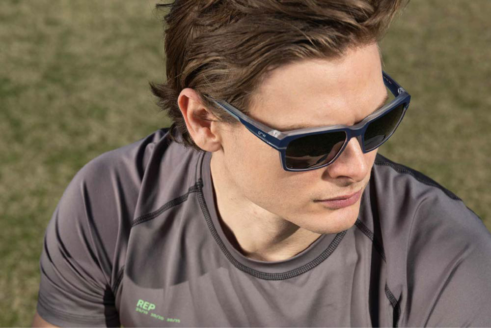 Yannis TR90 sunglasses frame worn by model.
