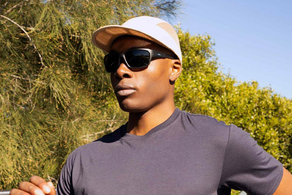 James TR90 sunglasses frame worn by model.